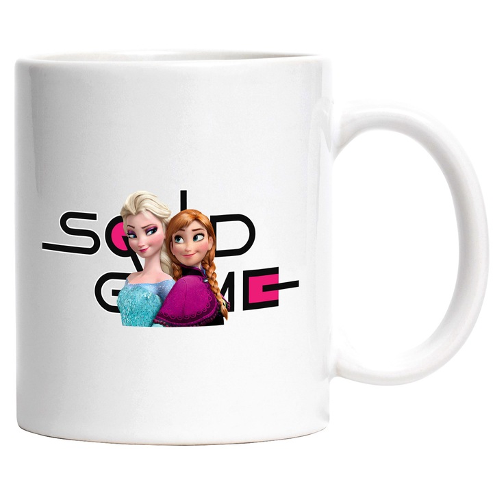 Cana Cu Frozen, Cu Textul "Squid Game" - Design 3, Ceramica, 330ML, Cu Maner si Interior Alb