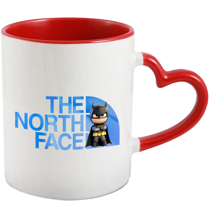 Cana Cu Batman, Cu Textul "The North Face" - Design 8, Ceramica, 330ML, Cu Maner Inima Rosie si Interior Rosu