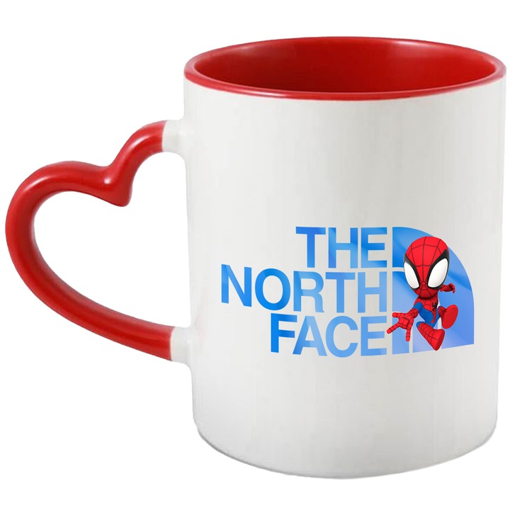 Cana Cu SpiderMan, Cu Textul "The North Face" - Design 5, Ceramica, 330ML, Cu Maner Inima Rosie si Interior Rosu