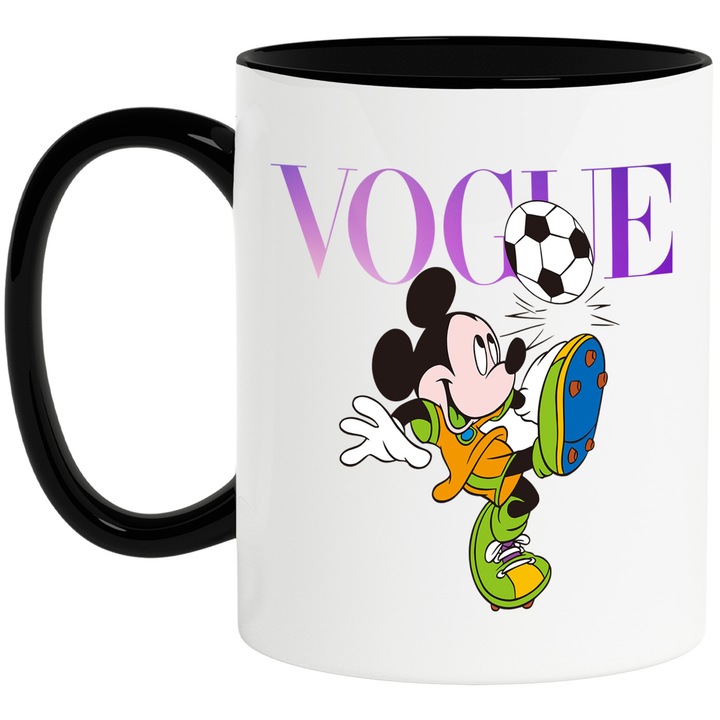 Cana Cu Mickey si Minnie, Cu Textul "Vogue" - Design 46, Ceramica, 330ML, Cu Maner si Interior Negru