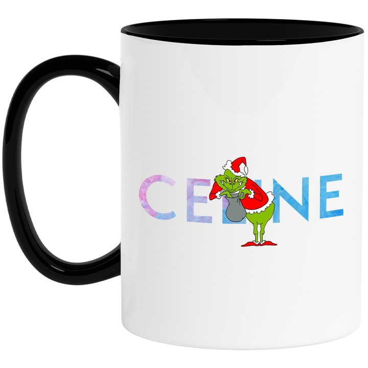 Cana Cu Grinch, Cu Textul "Celine" - Design 6, Ceramica, 330ML, Cu Maner si Interior Negru