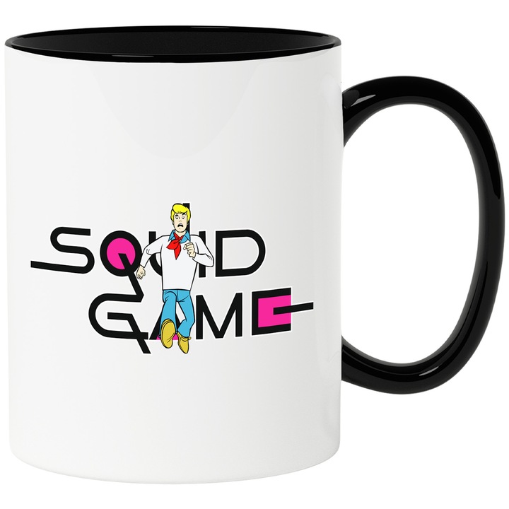 Cana Cu Scoobydoo, Cu Textul "Squid Game" - Design 2, Ceramica, 330ML, Cu Maner si Interior Negru