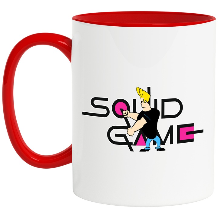 Cana Cu Johny Bravo, Cu Textul "Squid Game" - Design 1, Ceramica, 330ML, Cu Maner si Interior Rosu