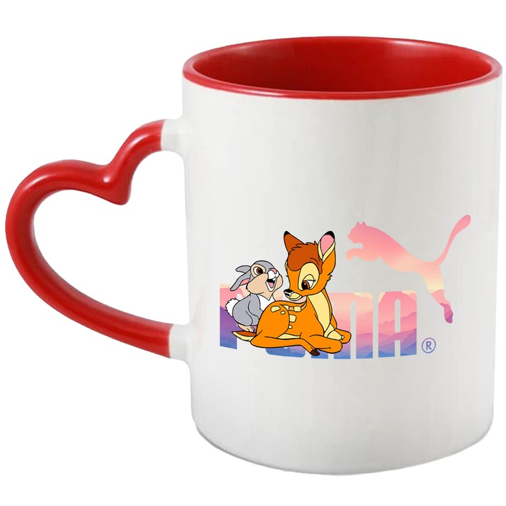 Cana Cu Bambi, Cu Textul "Puma" - Design 4, Ceramica, 330ML, Cu Maner Inima Rosie si Interior Rosu