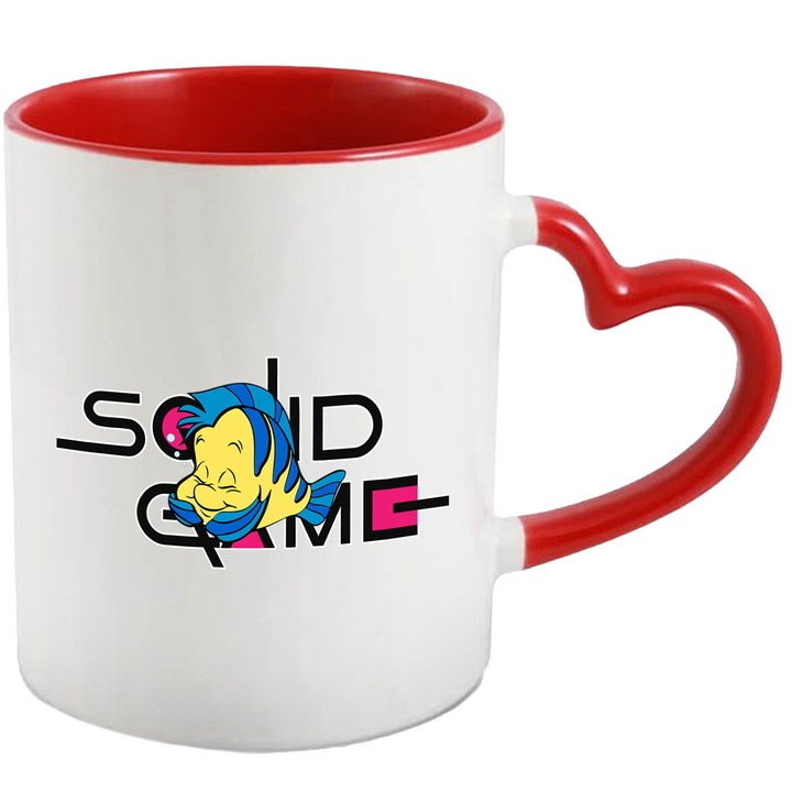 Cana Cu Nemo, Cu Textul "Squid Game" - Design 3, Ceramica, 330ML, Cu Maner Inima Rosie si Interior Rosu
