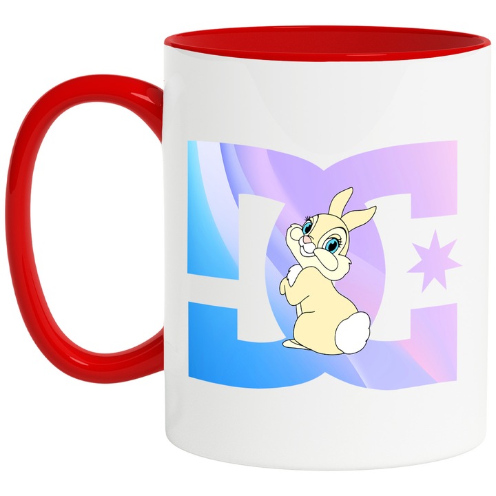 Cana Cu Bambi, Cu Textul "DC" - Design 8, Ceramica, 330ML, Cu Maner si Interior Rosu