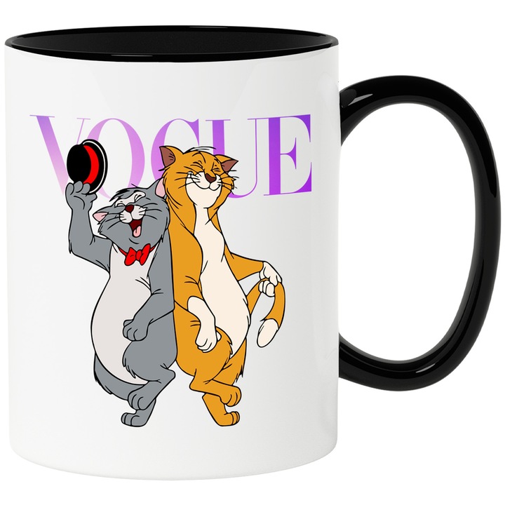 Cana Cu Aristrocats, Cu Textul "Vogue" - Design 8, Ceramica, 330ML, Cu Maner si Interior Negru