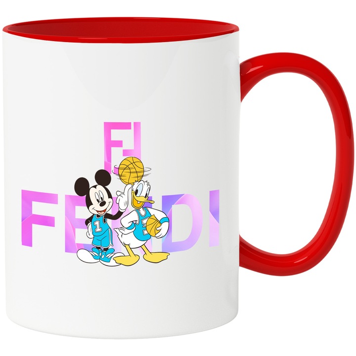 Cana Cu Mickey si Minnie, Cu Textul "Fendi" - Design 80, Ceramica, 330ML, Cu Maner si Interior Rosu