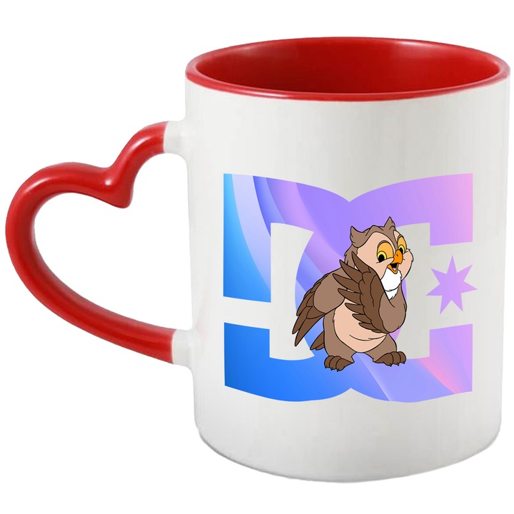 Cana Cu Bambi, Cu Textul "DC" - Design 6, Ceramica, 330ML, Cu Maner Inima Rosie si Interior Rosu