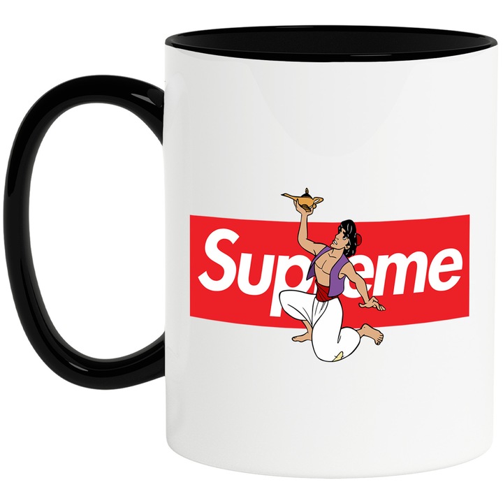 Cana Cu Alladin, Cu Textul "Supreme" - Design 8, Ceramica, 330ML, Cu Maner si Interior Negru
