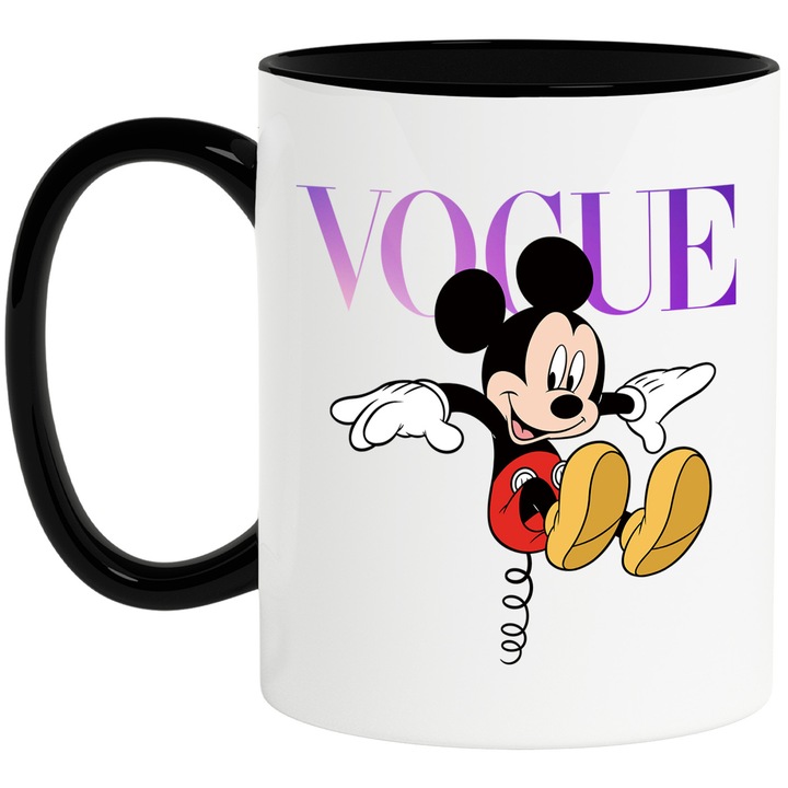 Cana Cu Mickey si Minnie, Cu Textul "Vogue" - Design 62, Ceramica, 330ML, Cu Maner si Interior Negru