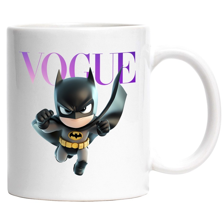 Cana Cu Batman, Cu Textul "Vogue" - Design 6, Ceramica, 330ML, Cu Maner si Interior Alb