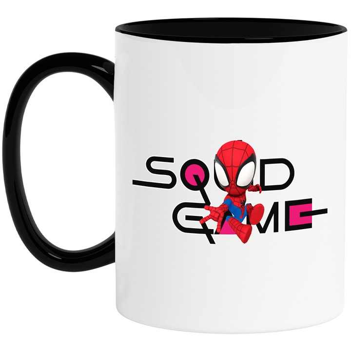 Cana Cu SpiderMan, Cu Textul "Squid Game" - Design 5, Ceramica, 330ML, Cu Maner si Interior Negru