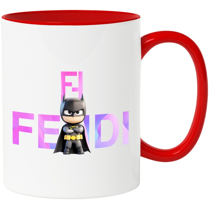 Cana Cu Batman, Cu Textul "Fendi" - Design 8, Ceramica, 330ML, Cu Maner si Interior Rosu