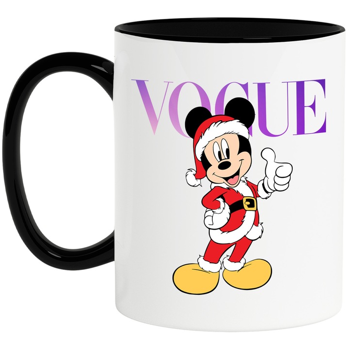 Cana Cu Mickey si Minnie, Cu Textul "Vogue" - Design 38, Ceramica, 330ML, Cu Maner si Interior Negru