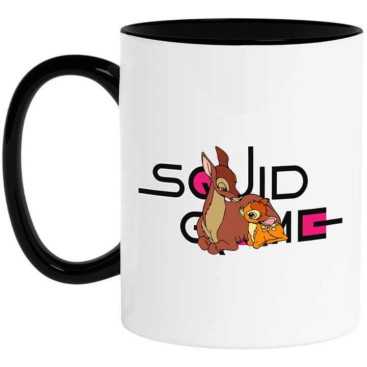 Cana Cu Bambi, Cu Textul "Squid Game" - Design 1, Ceramica, 330ML, Cu Maner si Interior Negru