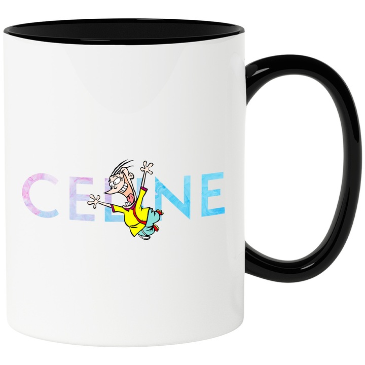 Cana Cu EDEDD SI EDDY, Cu Textul "Celine" - Design 8, Ceramica, 330ML, Cu Maner si Interior Negru