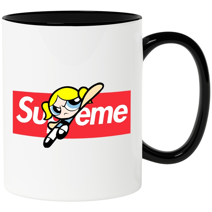 Cana Cu Fetitele Powerpuff, Cu Textul "Supreme" - Design 2, Ceramica, 330ML, Cu Maner si Interior Negru