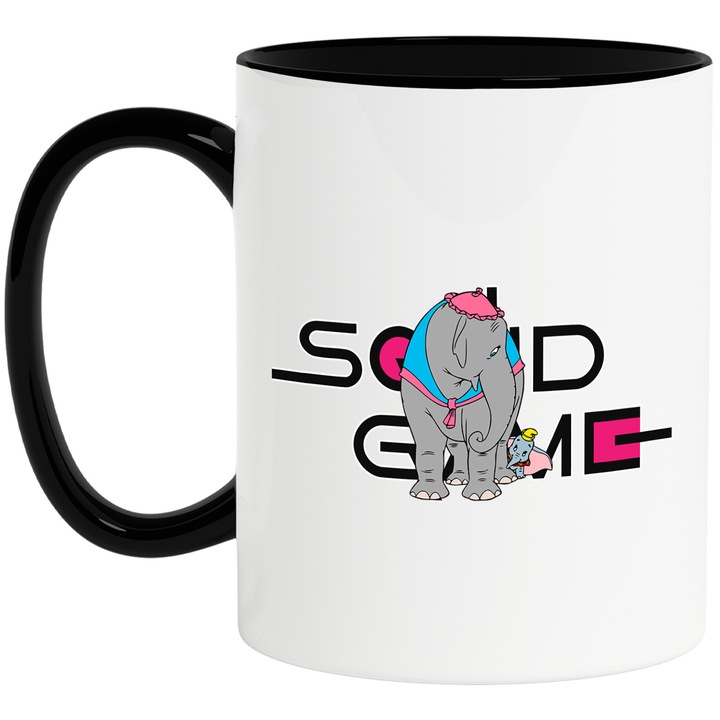 Cana Cu Dumbo, Cu Textul "Squid Game" - Design 3, Ceramica, 330ML, Cu Maner si Interior Negru