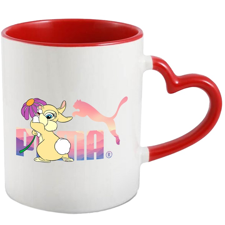 Cana Cu Bambi, Cu Textul "Puma" - Design 7, Ceramica, 330ML, Cu Maner Inima Rosie si Interior Rosu