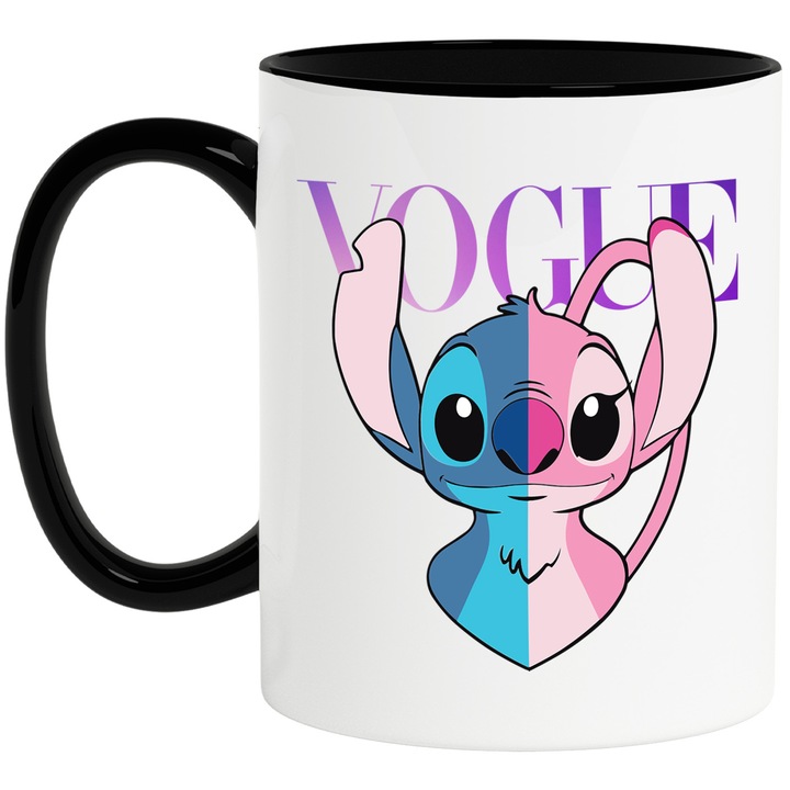 Cana Cu Stitch, Cu Textul "Vogue" - Design 5, Ceramica, 330ML, Cu Maner si Interior Negru