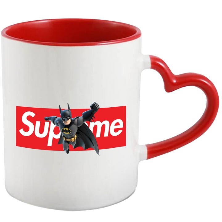 Cana Cu Batman, Cu Textul "Supreme" - Design 5, Ceramica, 330ML, Cu Maner Inima Rosie si Interior Rosu