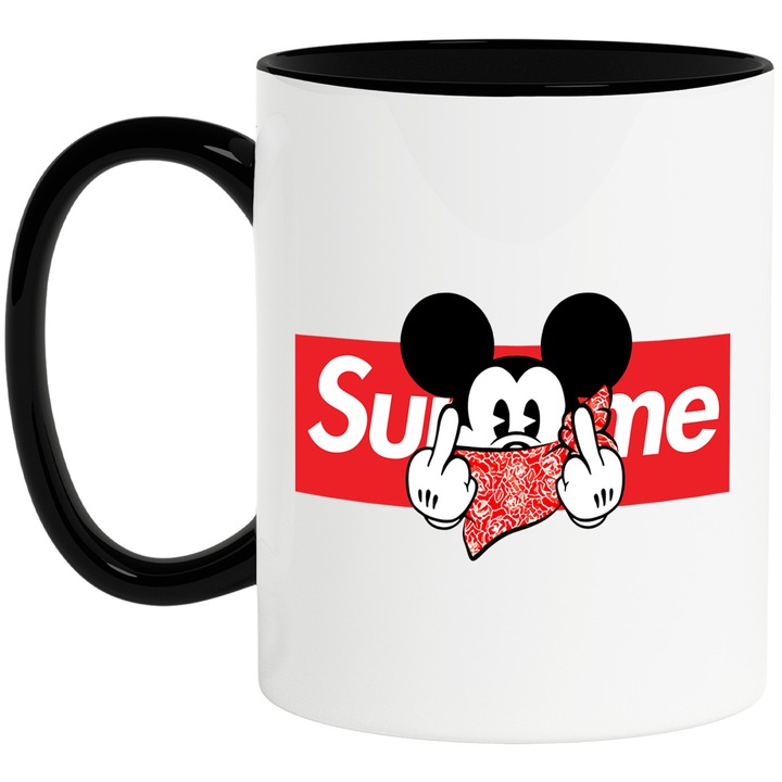Cana Cu Mickey si Minnie, Cu Textul "Supreme" - Design 85, Ceramica, 330ML, Cu Maner si Interior Negru