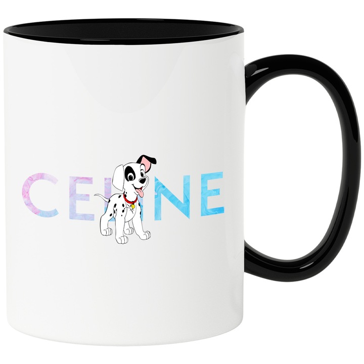 Cana Cu Dalmatieni, Cu Textul "Celine" - Design 5, Ceramica, 330ML, Cu Maner si Interior Negru