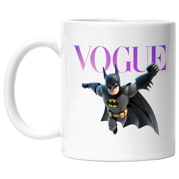 Cana Cu Batman, Cu Textul "Vogue" - Design 5, Ceramica, 330ML, Cu Maner si Interior Alb