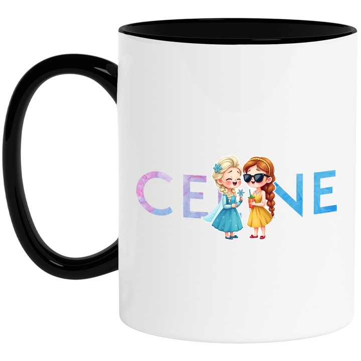Cana Cu Frozen, Cu Textul "Celine" - Design 10, Ceramica, 330ML, Cu Maner si Interior Negru