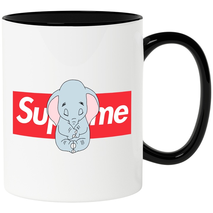 Cana Cu Dumbo, Cu Textul "Supreme" - Design 1, Ceramica, 330ML, Cu Maner si Interior Negru