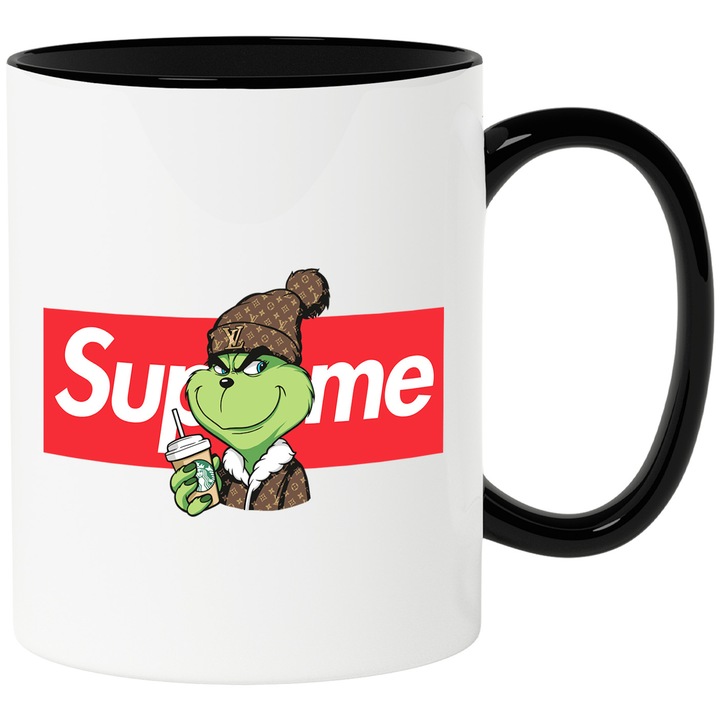Cana Cu Grinch, Cu Textul "Supreme" - Design 3, Ceramica, 330ML, Cu Maner si Interior Negru