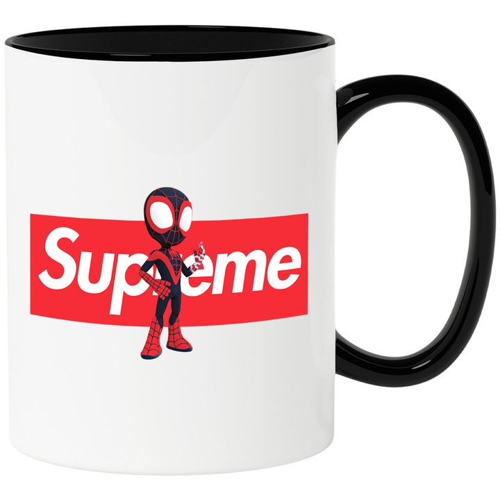 Cana Cu SpiderMan, Cu Textul "Supreme" - Design 7, Ceramica, 330ML, Cu Maner si Interior Negru
