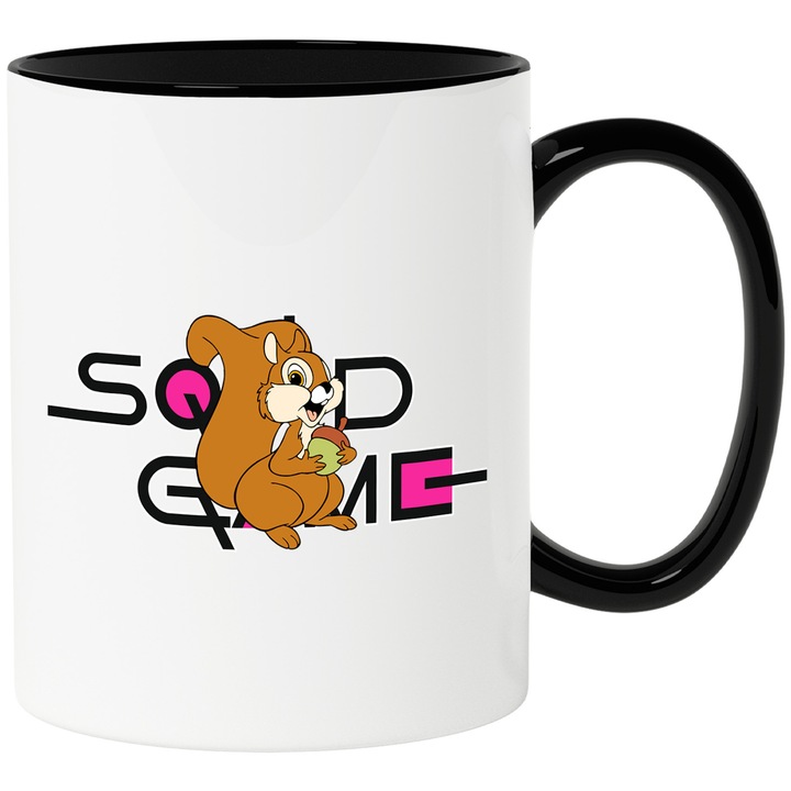 Cana Cu Bambi, Cu Textul "Squid Game" - Design 5, Ceramica, 330ML, Cu Maner si Interior Negru