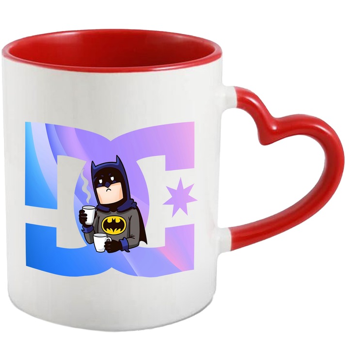 Cana Cu Batman, Cu Textul "DC" - Design 7, Ceramica, 330ML, Cu Maner Inima Rosie si Interior Rosu