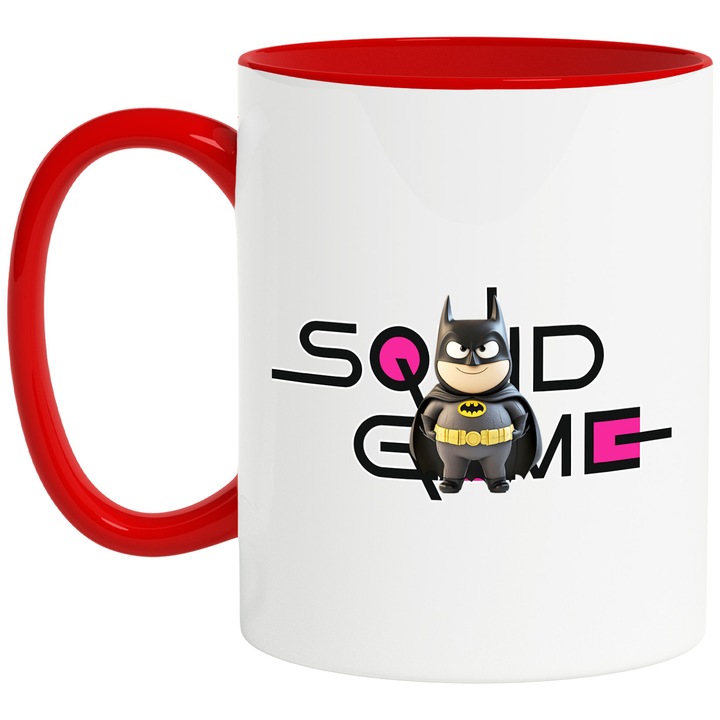 Cana Cu Batman, Cu Textul "Squid Game" - Design 1, Ceramica, 330ML, Cu Maner si Interior Rosu
