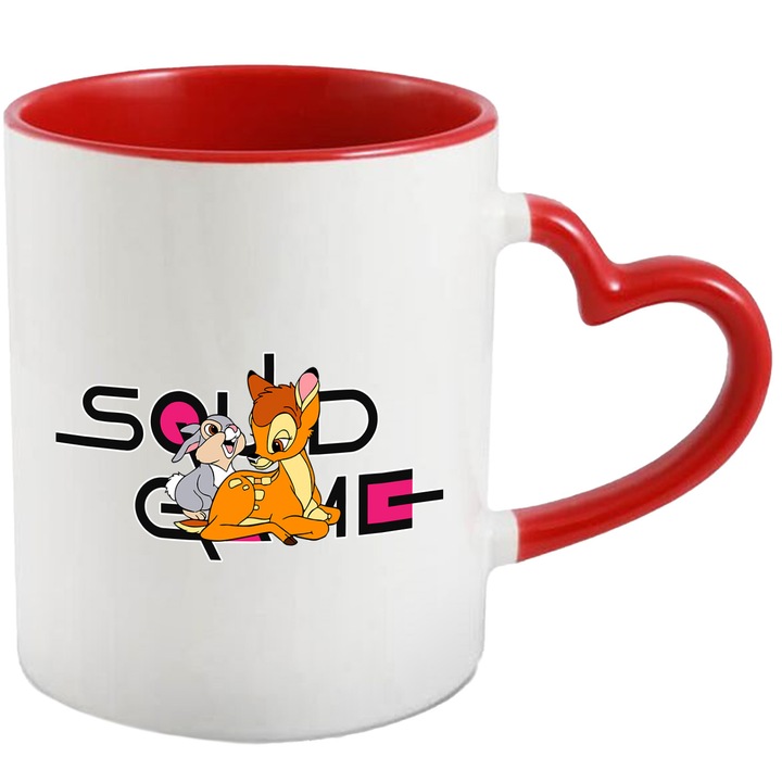 Cana Cu Bambi, Cu Textul "Squid Game" - Design 4, Ceramica, 330ML, Cu Maner Inima Rosie si Interior Rosu