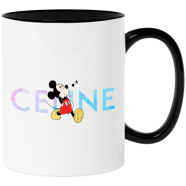 Cana Cu Mickey si Minnie, Cu Textul "Celine" - Design 64, Ceramica, 330ML, Cu Maner si Interior Negru