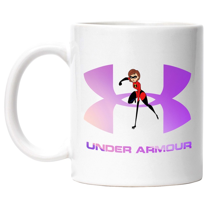 Cana Cu The Incredibles, Cu Textul "Under Armor" - Design 6, Ceramica, 330ML, Cu Maner si Interior Alb