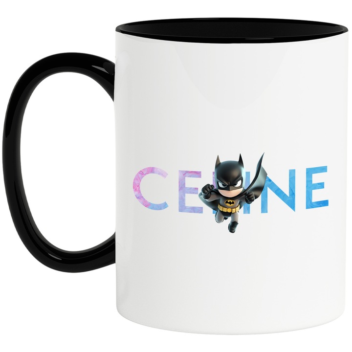 Cana Cu Batman, Cu Textul "Celine" - Design 6, Ceramica, 330ML, Cu Maner si Interior Negru
