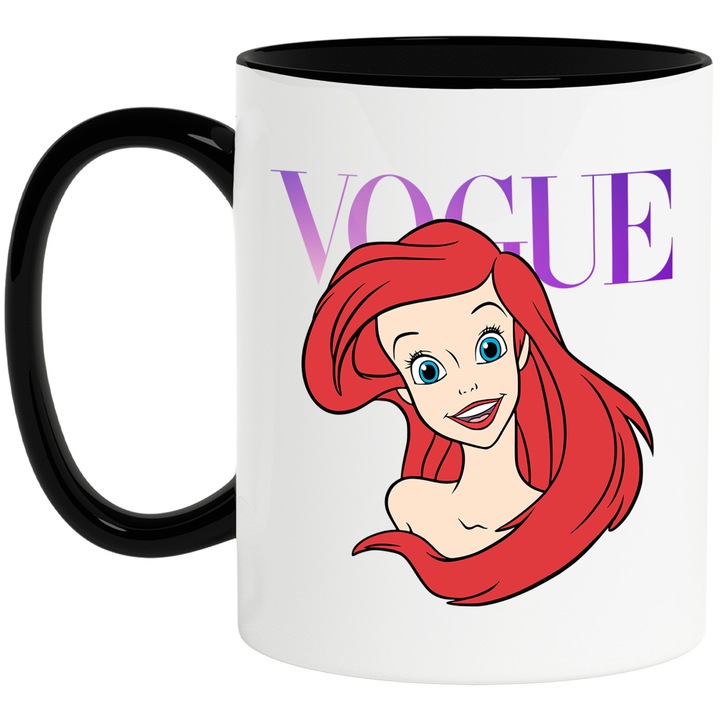 Cana Cu Ariel, Cu Textul "Vogue" - Design 9, Ceramica, 330ML, Cu Maner si Interior Negru