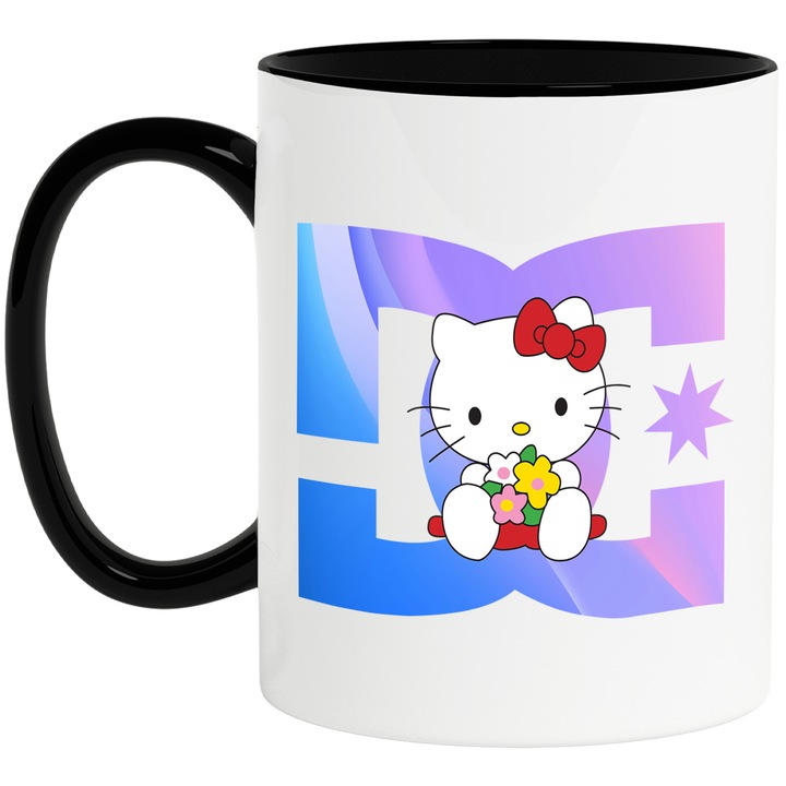 Cana Cu Hello Kitty, Cu Textul "DC" - Design 5, Ceramica, 330ML, Cu Maner si Interior Negru