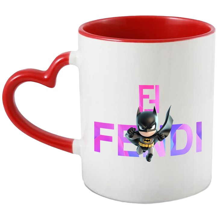 Cana Cu Batman, Cu Textul "Fendi" - Design 6, Ceramica, 330ML, Cu Maner Inima Rosie si Interior Rosu