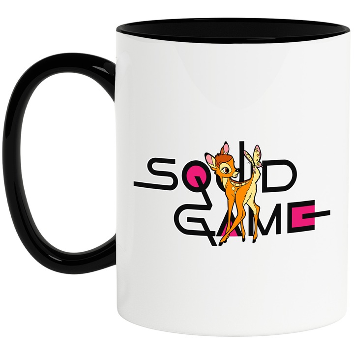 Cana Cu Bambi, Cu Textul "Squid Game" - Design 2, Ceramica, 330ML, Cu Maner si Interior Negru