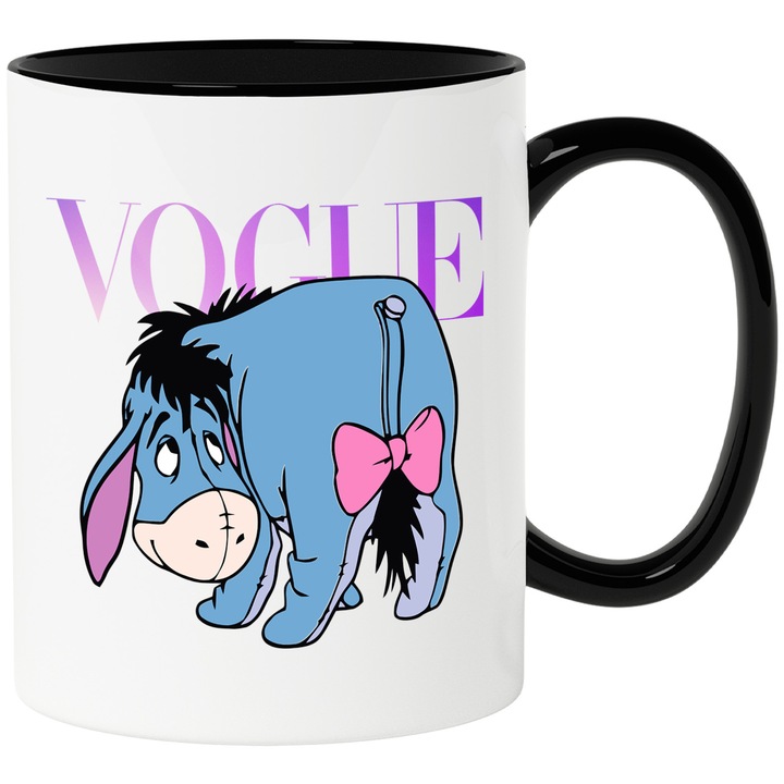 Cana Cu Eeyore, Cu Textul "Vogue" - Design 2, Ceramica, 330ML, Cu Maner si Interior Negru