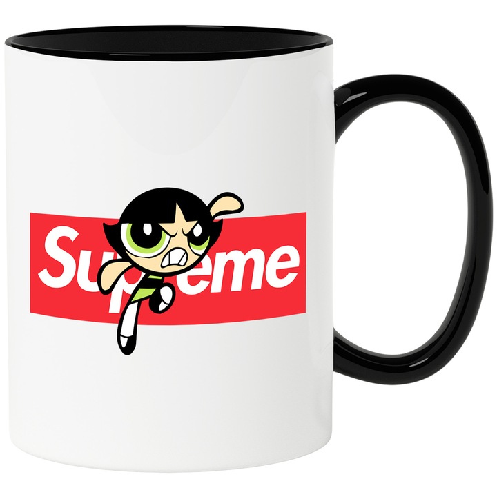 Cana Cu Fetitele Powerpuff, Cu Textul "Supreme" - Design 10, Ceramica, 330ML, Cu Maner si Interior Negru