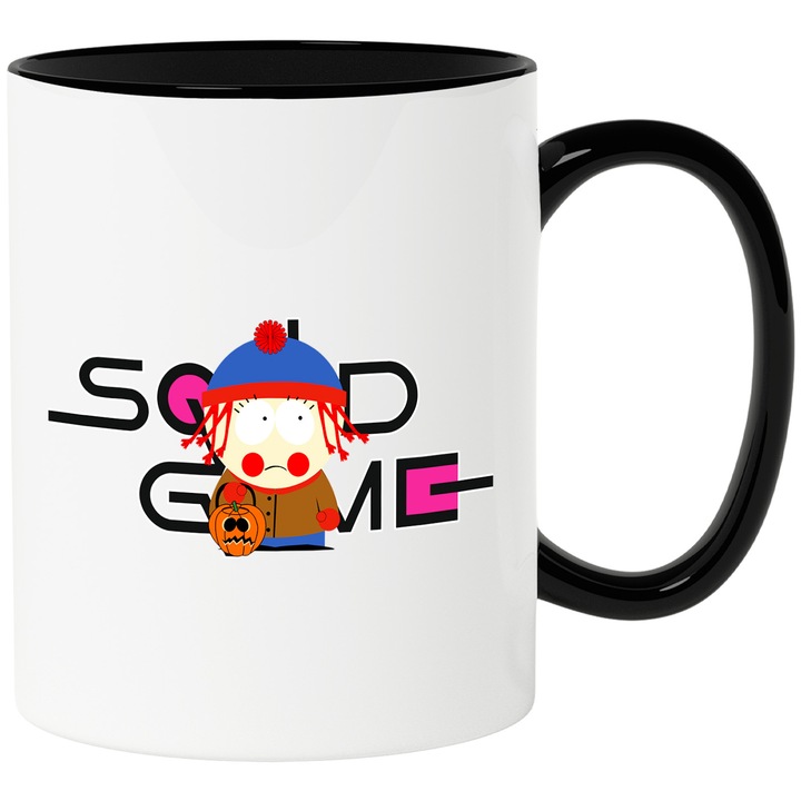 Cana Cu Southpark, Cu Textul "Squid Game" - Design 4, Ceramica, 330ML, Cu Maner si Interior Negru