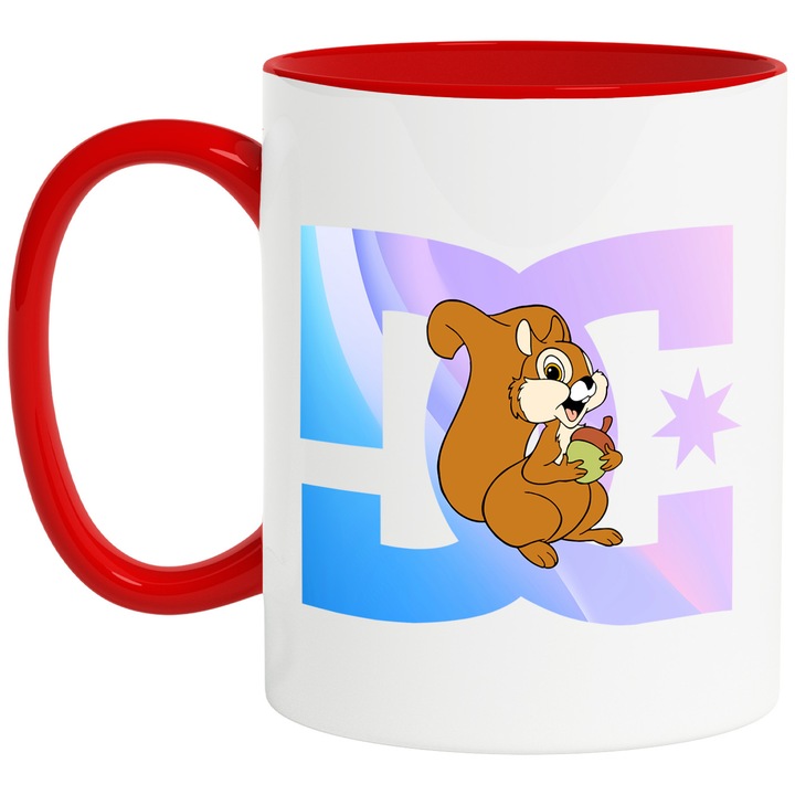 Cana Cu Bambi, Cu Textul "DC" - Design 5, Ceramica, 330ML, Cu Maner si Interior Rosu
