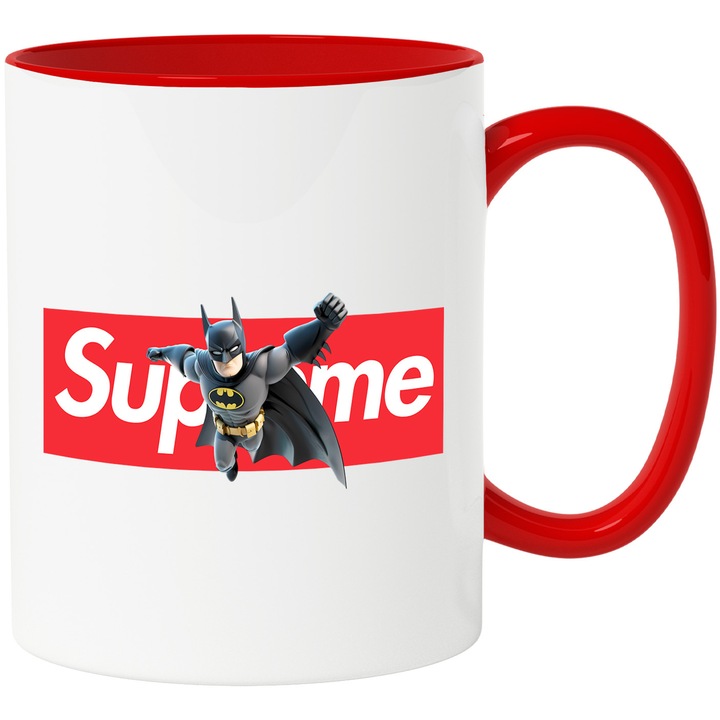 Cana Cu Batman, Cu Textul "Supreme" - Design 5, Ceramica, 330ML, Cu Maner si Interior Rosu
