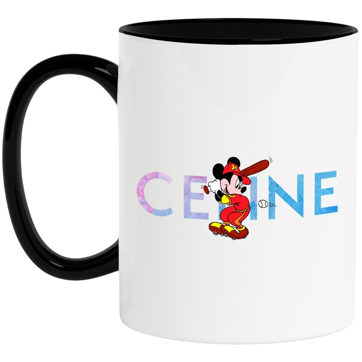 Cana Cu Mickey si Minnie, Cu Textul "Celine" - Design 48, Ceramica, 330ML, Cu Maner si Interior Negru